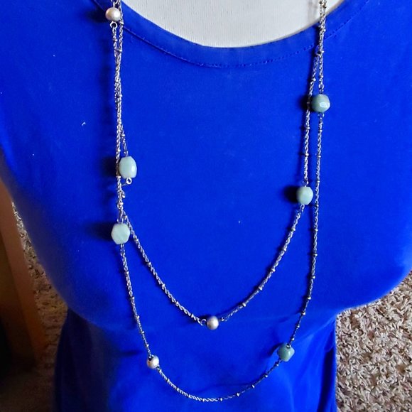 28" Silver Tone Stone Chip Layer Long Necklace AE - Picture 2 of 5